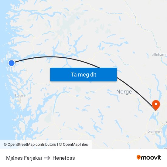 Mjånes Ferjekai to Hønefoss map