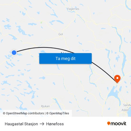 Haugastøl Stasjon to Hønefoss map