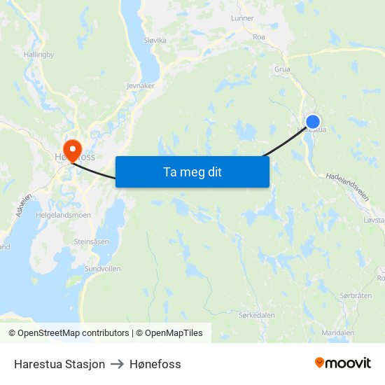 Harestua Stasjon to Hønefoss map