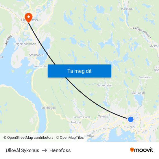 Ullevål Sykehus to Hønefoss map