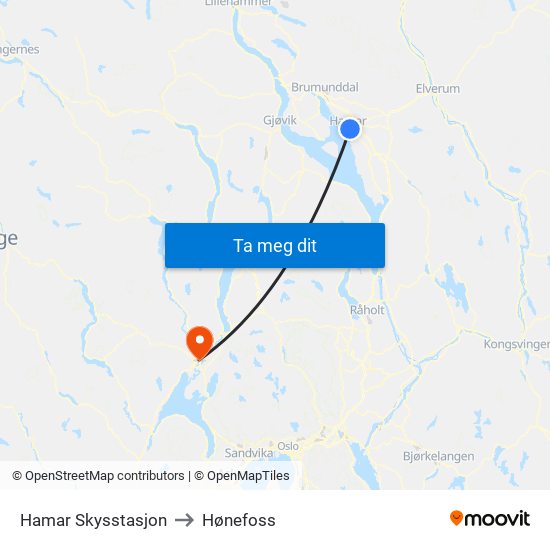Hamar Skysstasjon to Hønefoss map