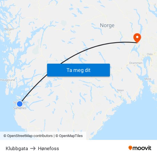 Klubbgata to Hønefoss map