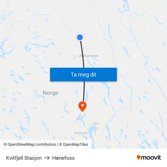 Kvitfjell Stasjon to Hønefoss map