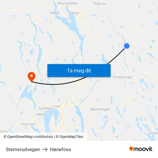 Stemsrudvegen to Hønefoss map