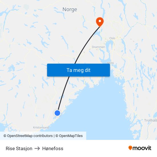 Rise Stasjon to Hønefoss map