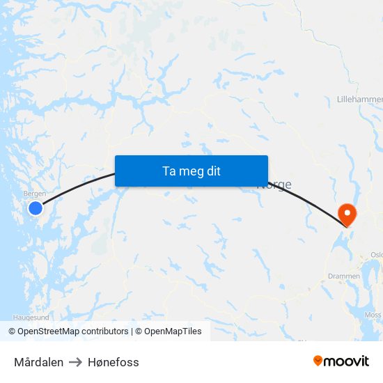 Mårdalen to Hønefoss map