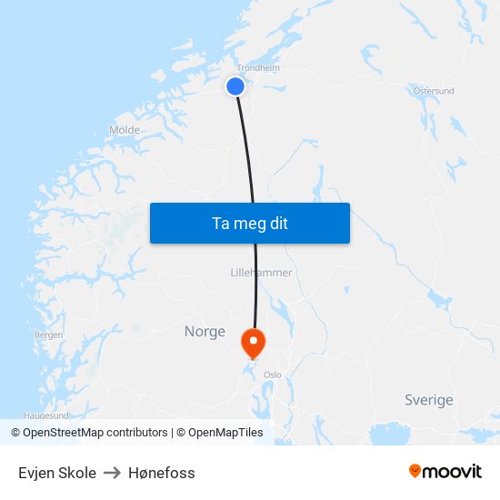 Evjen Skole to Hønefoss map