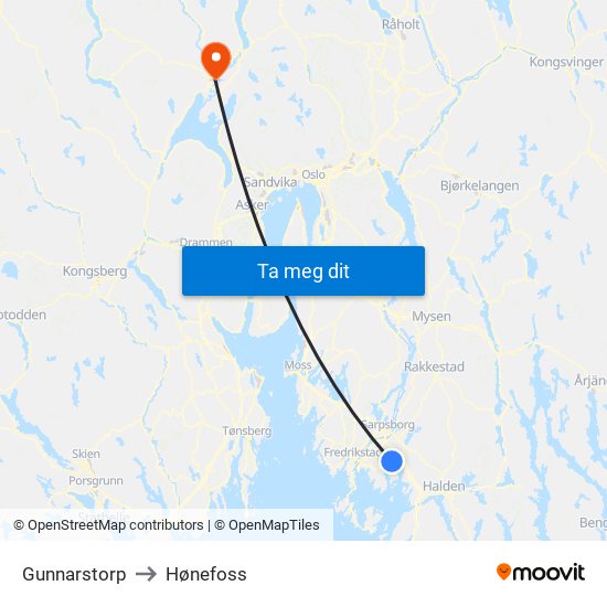 Gunnarstorp to Hønefoss map