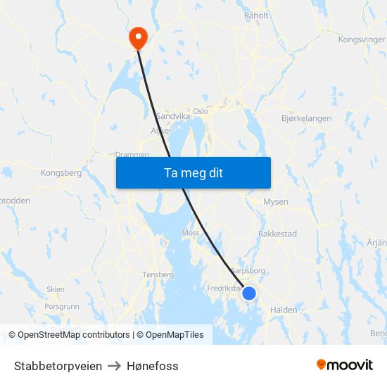 Stabbetorpveien to Hønefoss map