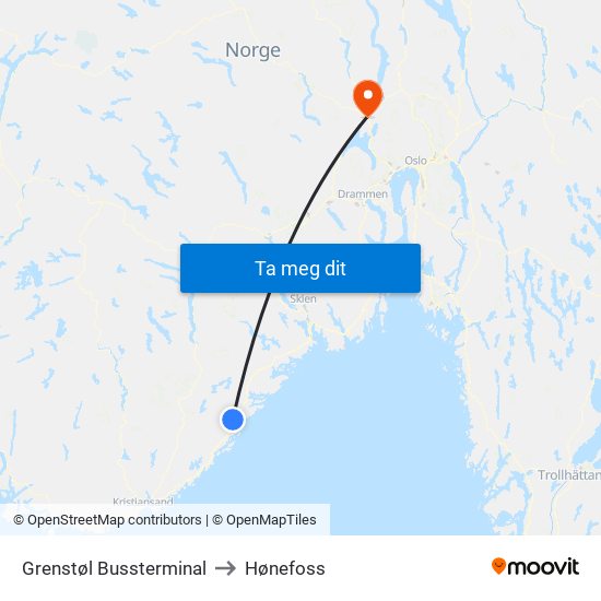 Grenstøl Bussterminal to Hønefoss map