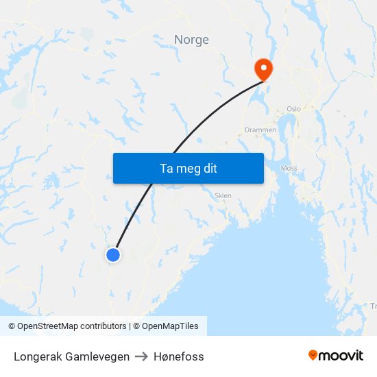 Longerak Gamlevegen to Hønefoss map