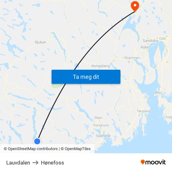 Lauvdalen to Hønefoss map