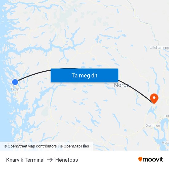 Knarvik Terminal to Hønefoss map