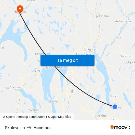 Skoleveien to Hønefoss map