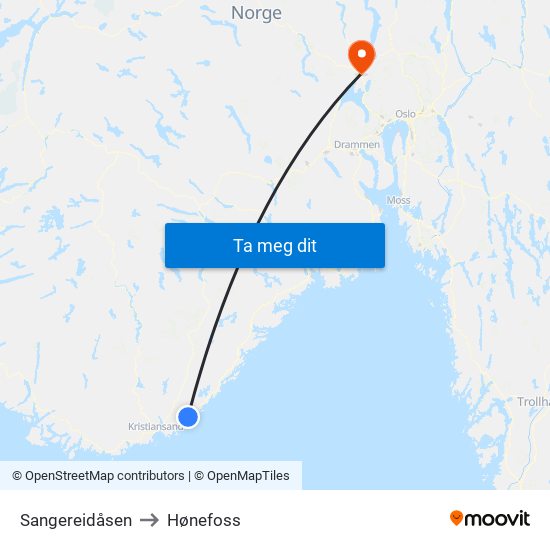 Sangereidåsen to Hønefoss map