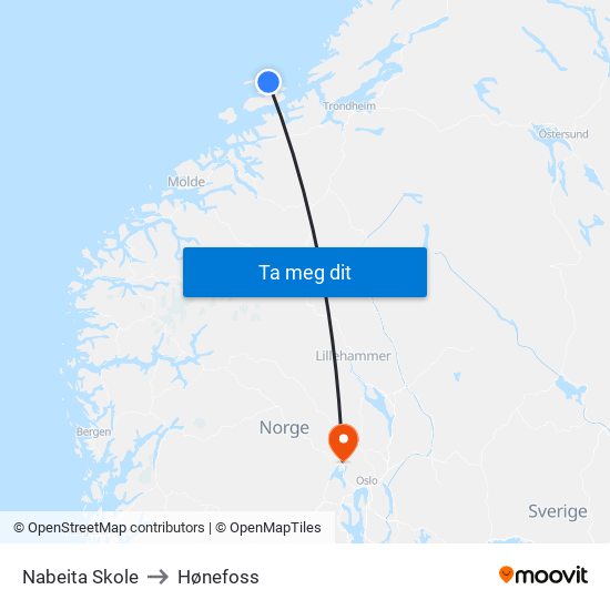 Nabeita Skole to Hønefoss map