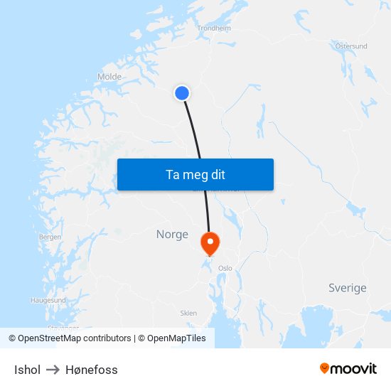 Ishol to Hønefoss map