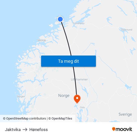 Jaktvika to Hønefoss map