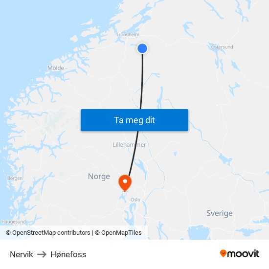 Nervik to Hønefoss map