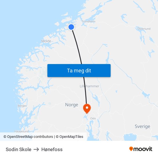 Sodin Skole to Hønefoss map