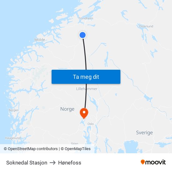 Soknedal Stasjon to Hønefoss map