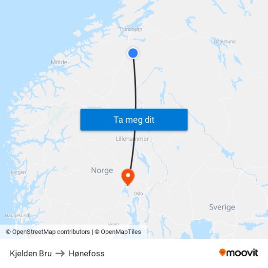 Kjelden Bru to Hønefoss map