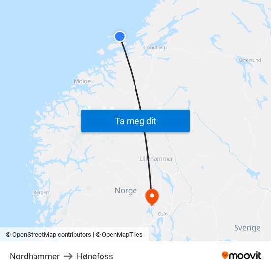 Nordhammer to Hønefoss map