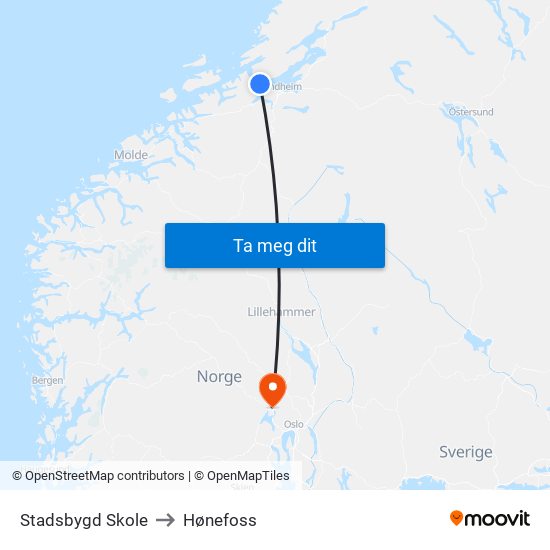 Stadsbygd Skole to Hønefoss map