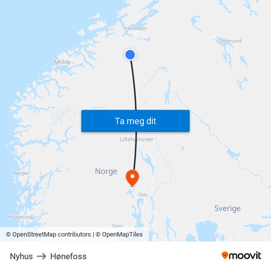 Nyhus to Hønefoss map