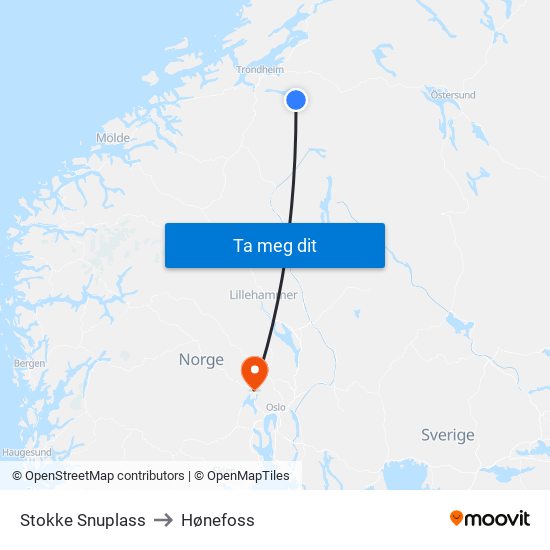 Stokke Snuplass to Hønefoss map