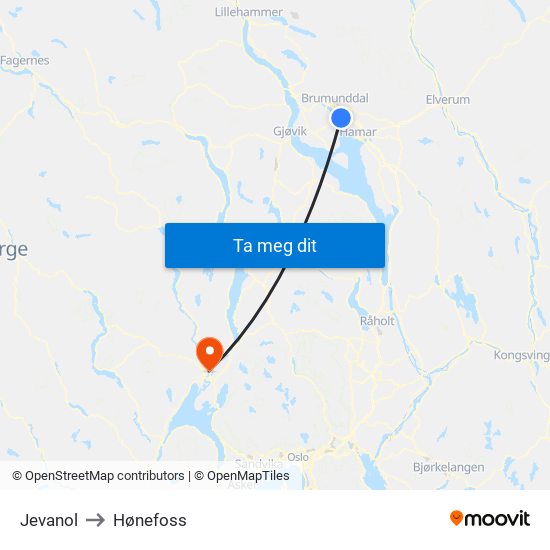 Jevanol to Hønefoss map