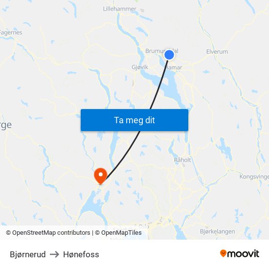 Bjørnerud to Hønefoss map