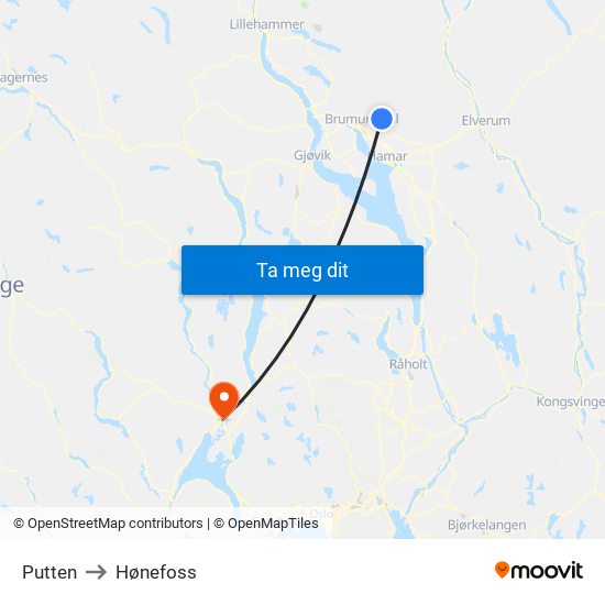 Putten to Hønefoss map