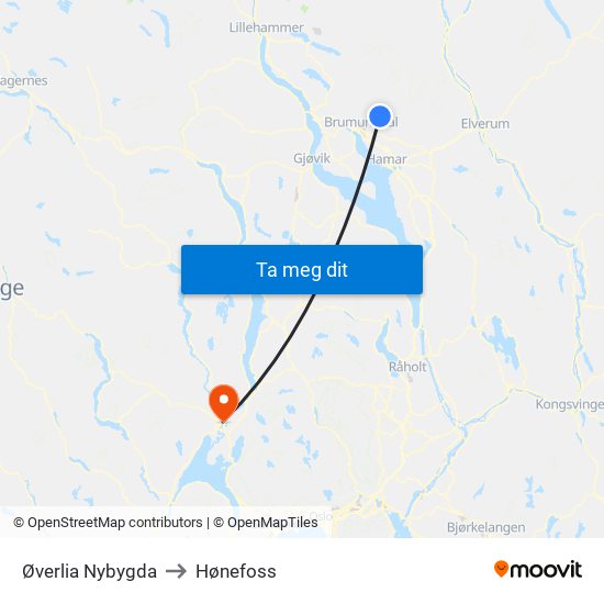 Øverlia Nybygda to Hønefoss map
