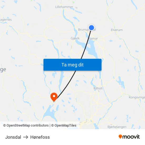 Jonsdal to Hønefoss map