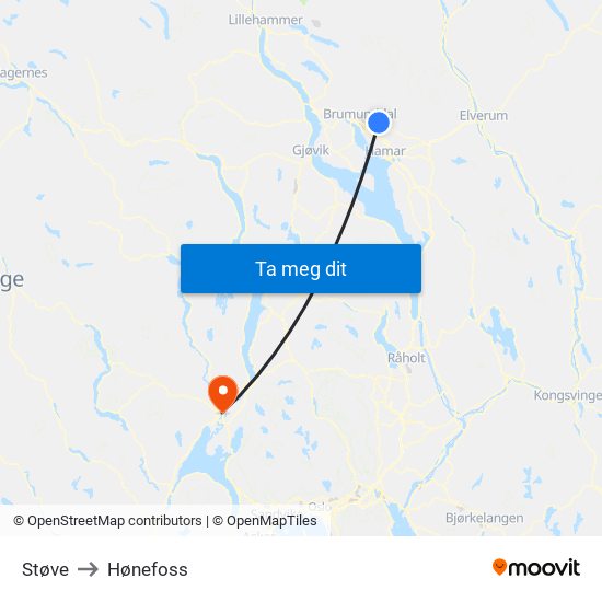 Støve to Hønefoss map