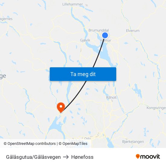 Gålåsgutua/Gålåsvegen to Hønefoss map