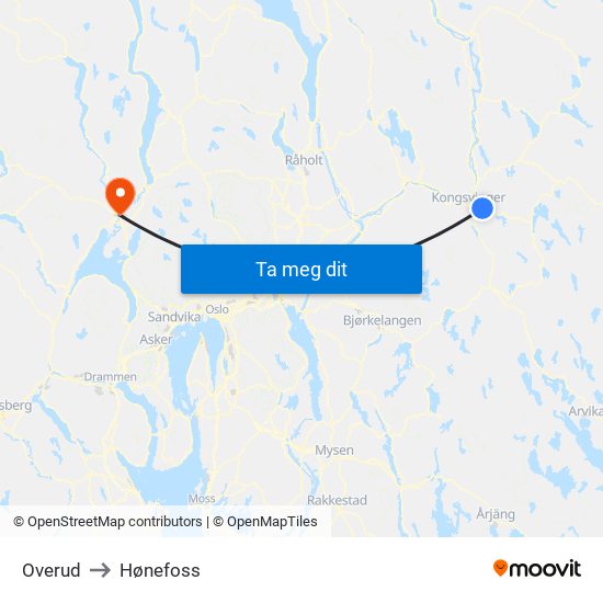 Overud to Hønefoss map