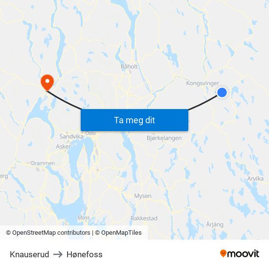 Knauserud to Hønefoss map