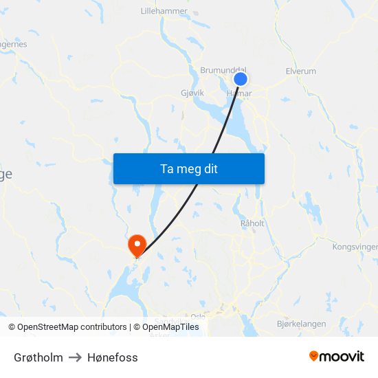 Grøtholm to Hønefoss map