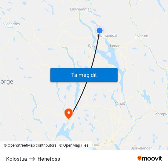 Kolostua to Hønefoss map