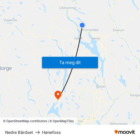 Nedre Bårdset to Hønefoss map