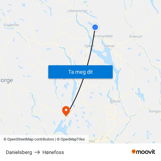 Danielsberg to Hønefoss map