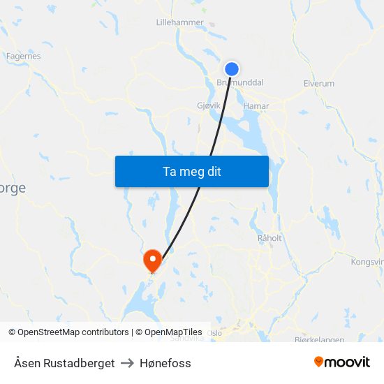 Åsen Rustadberget to Hønefoss map