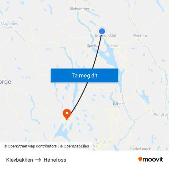 Klevbakken to Hønefoss map