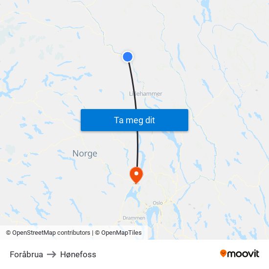Foråbrua to Hønefoss map