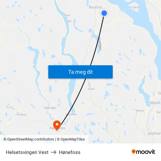 Helsetsvingen Vest to Hønefoss map