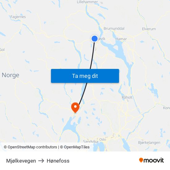 Mjølkevegen to Hønefoss map