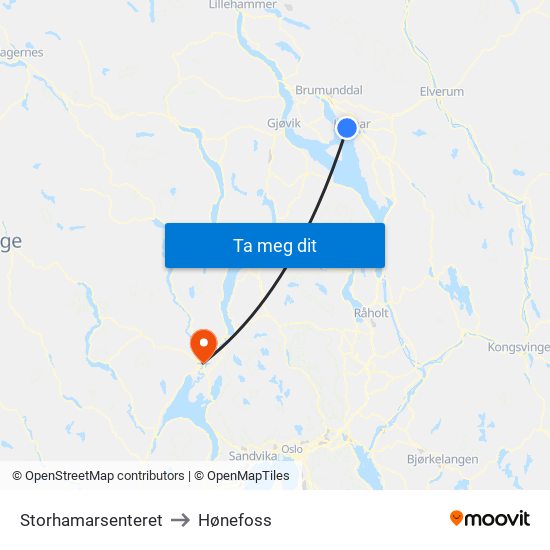 Storhamarsenteret to Hønefoss map