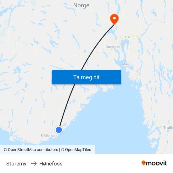 Storemyr to Hønefoss map